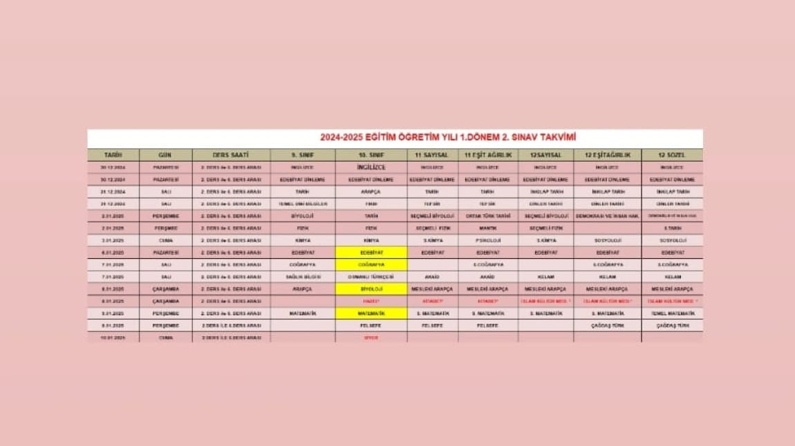 2024 - 2025 EĞİTİM ÖĞRETİM YILI -LİSE-1. DÖNEM 2. YAZILI SINAV TAKVİMİ